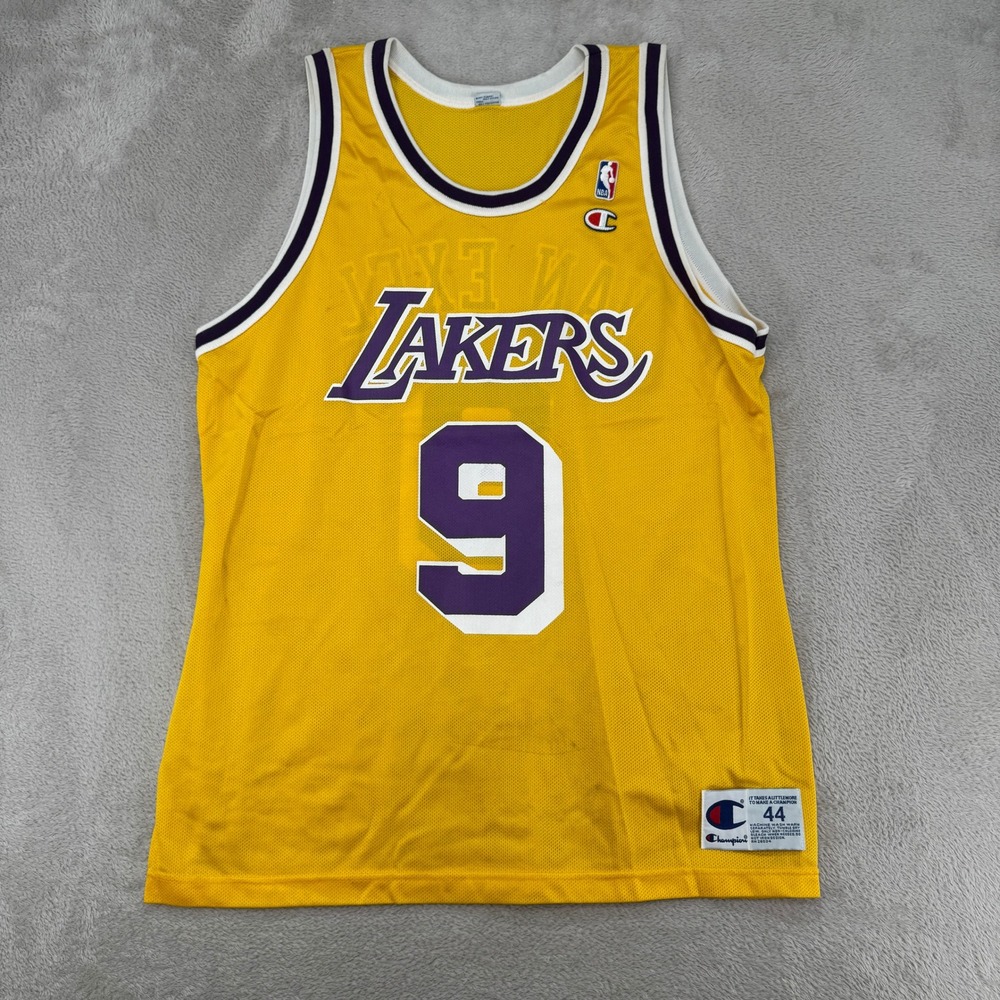 Vintage Champion Mens LA Lakers Nick Van Exel Jersey 44 Yellow Preowned Stains